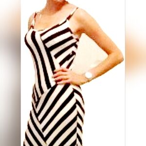 Severgate Women's Striped Maxi Dress White/Black Gold Bar Decor Spagetti Strap S